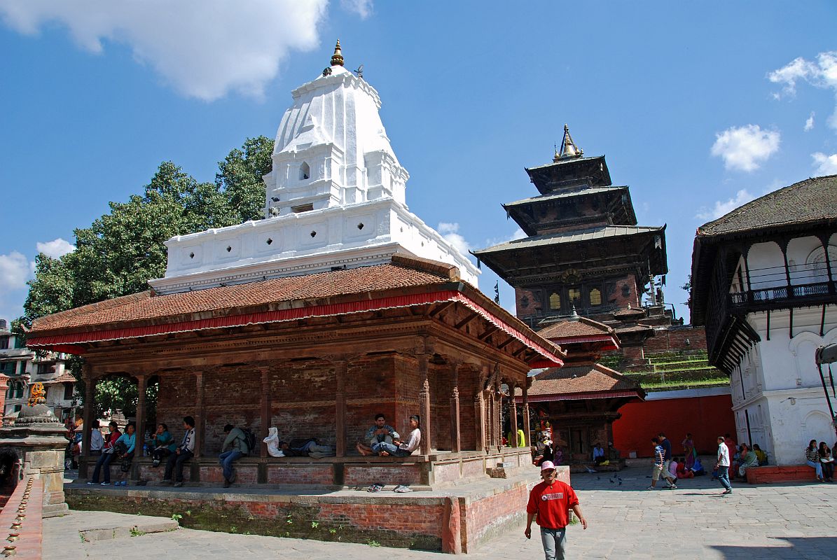 Kathmandu Durbar Square 06 04 Kakeshwar Temple, Taleju Temple and Sundari Chowk Kakeshwar Temple, Taleju Temple, and Sundari Chowk are situated to the north of Hanuman Dhoka palace in Kathmandu Durbar Square. The Kakeshwar Temple was originally built in 1681 but was rebuilt after it was badly damaged in the 1934 earthquake. It is a strange combination of styles, starting with a Newari style floor, above which is an Indian shikhara -style upper storey, topped by a spire shaped like a water vase. The huge 35m high three-roofed Taleju Temple (1564) in Kathmandu Durbar Square was the first temple erected with more than two roofs and the first to be raised on a tall stepped platform.